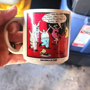 1984 Gary Larson Far Side Aerobics in Hell Coffee Mug Five Million Leg Lifts